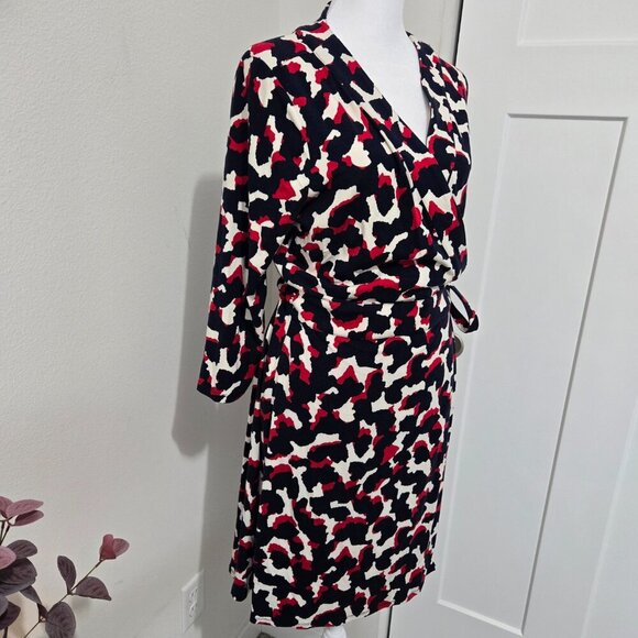 Ann Taylor V-Neck Wrap Dress Navy Red Cream Rayon Spandex Blend - 12P - Picture 4 of 9